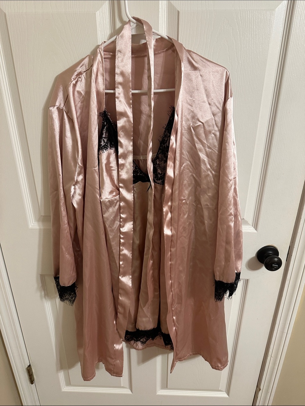 Satin Lace-Trim Robe and Chemise Set - Blush Pink